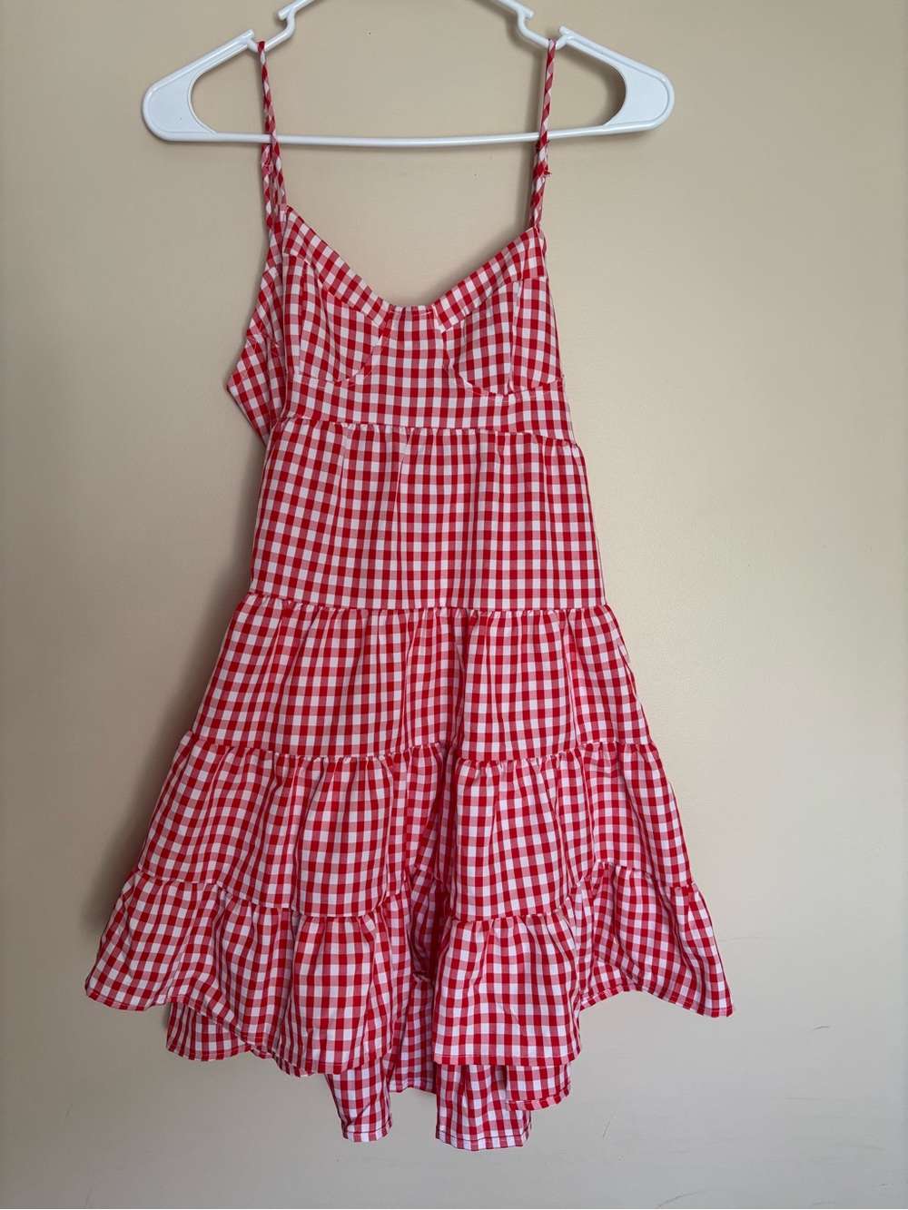 SHEIN Red Gingham Tiered Spaghetti-Strap Dress for Kids